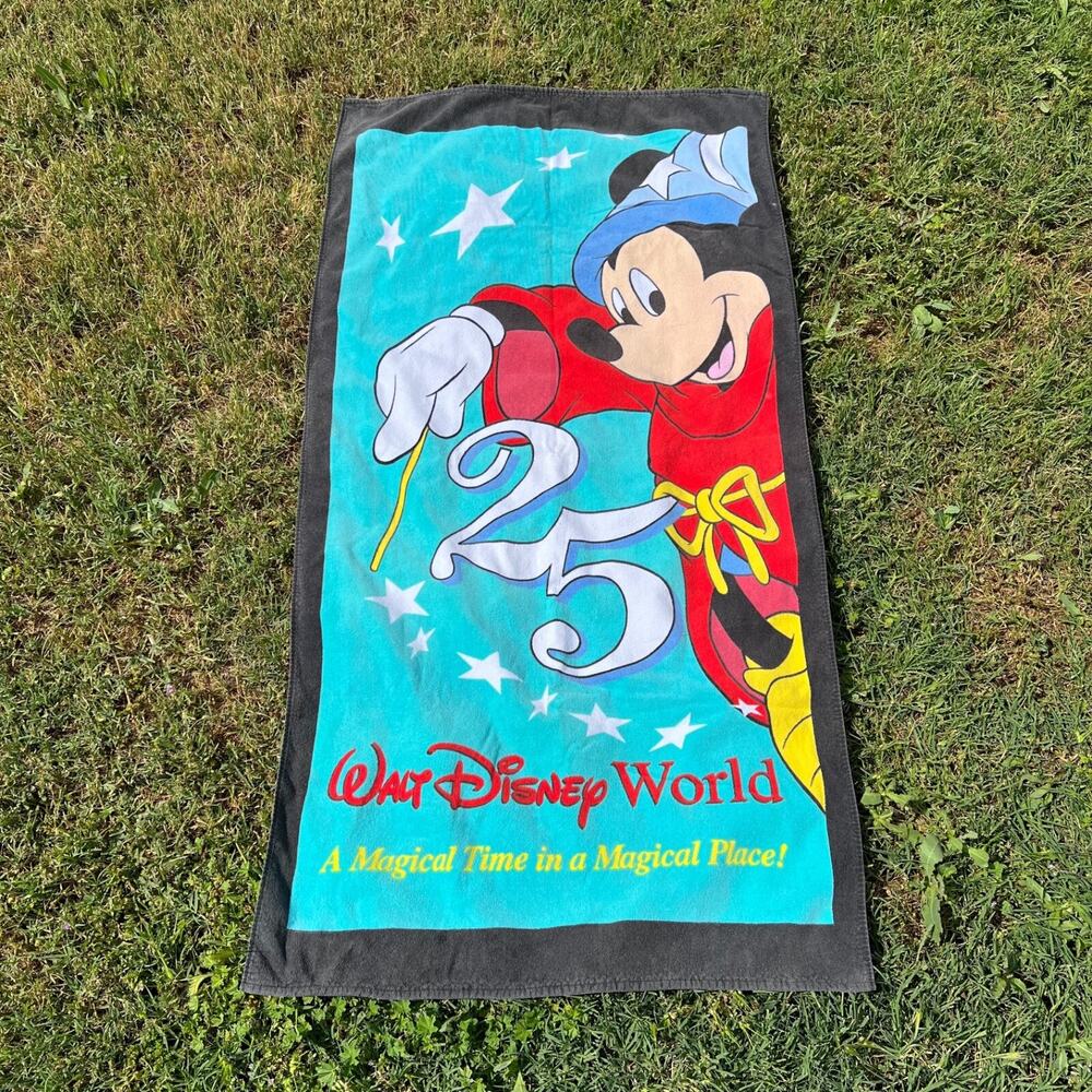 Vintage 1990s Disney World 25th Anniversary Towel Sorcerer Mickey Fantasia